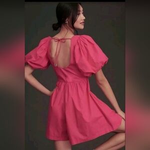 Anthropologie Hot Pink Poplin Romper Puff Sleeve Preppy Barbie Lolita Coquette 0